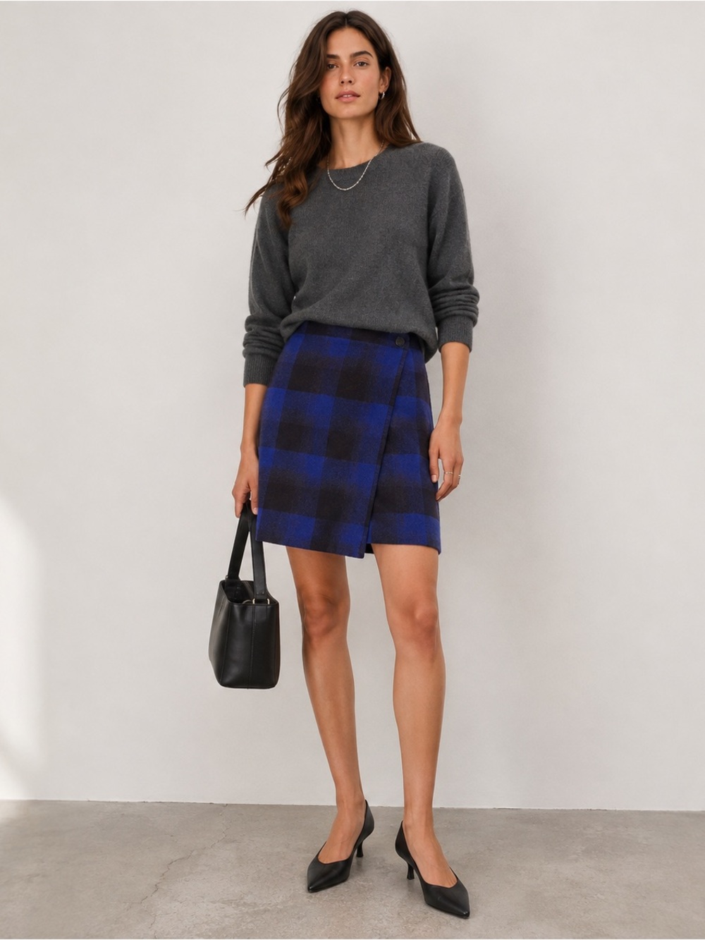 COS Checked Wool Blend Mini Wrap Skirt Blue Plaid NWT Size 2